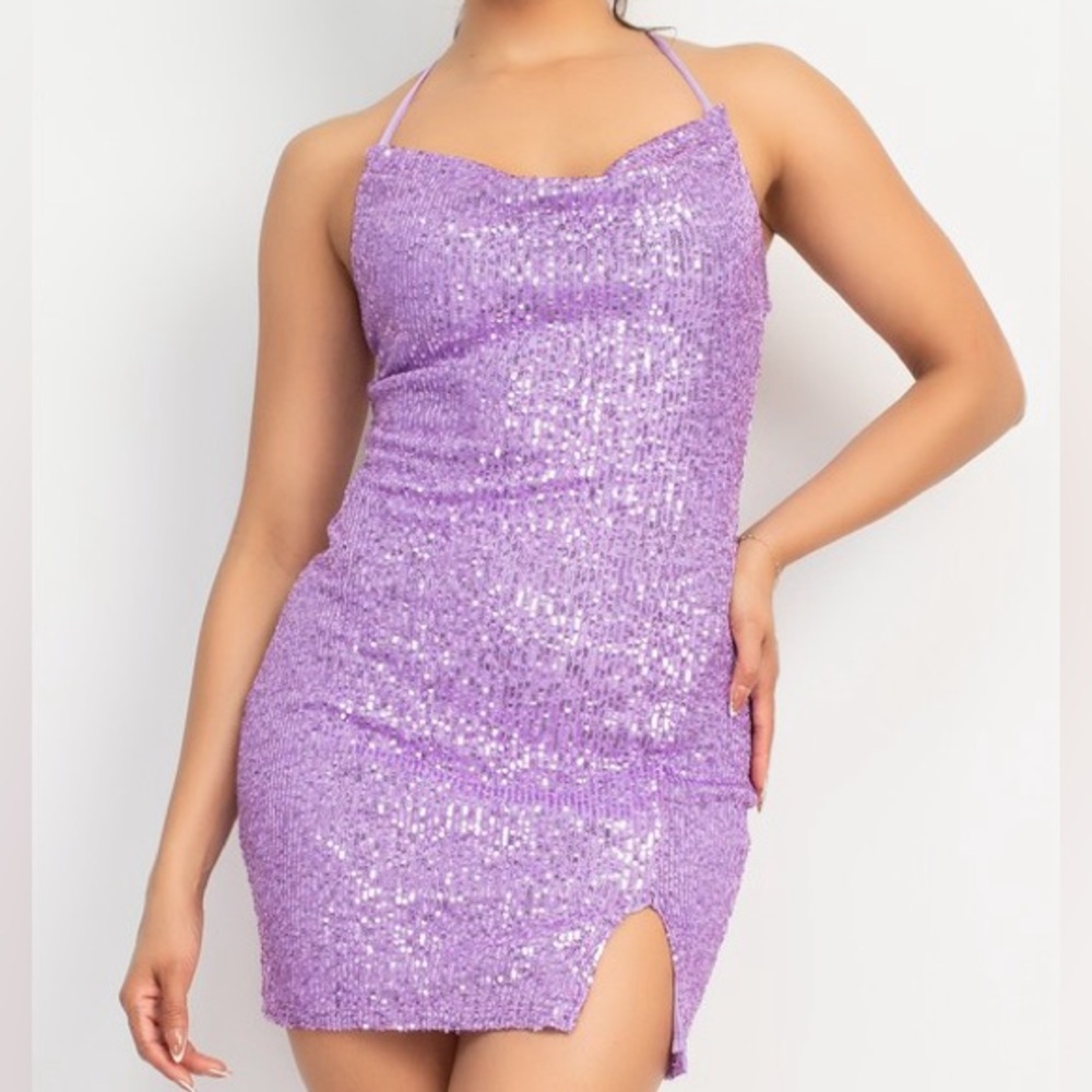 Purple Sequin Halter Dress